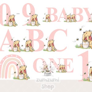 Pacote Ursinho Pooh Idades 1-9 A-Z, Ursinho Pooh PNG, Aniversário de berçário Chá de bebê Rosa Bege, Clipart de sublimação, UV/DTF