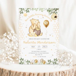 Editable Winnie the Pooh Birthday Gold Invitation, Winnie Pooh Invitation, Girls First Birthday Digital File Template Instant Download Canva