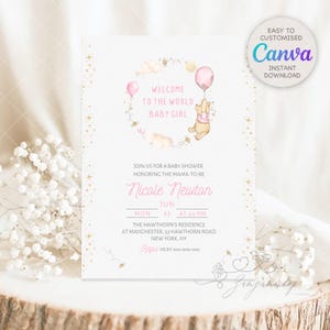 Winnie-the-pooh A Little Hunny is on the Way BABY SHOWER Invitation Pooh Tummy Baby Shower Invitations Pink Leaves Gold Dust Baby Shower