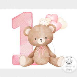 Teddy Bear Pink Balloons 1st Birthday PNG, First Birthday Sublimation Design, Blue One, Baby girls First Birthday, Instant Digital Download