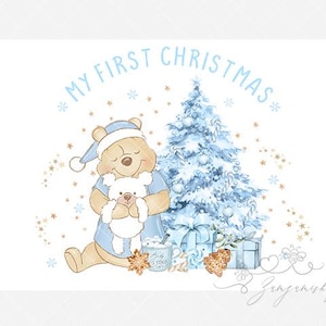 Blue Winnie The Pooh Christmas Rainbow PNG, Baby&#39;s 1st Christmas T shirt Sublimation, Christmas Eve Box, Christmas Sack, Instant Download