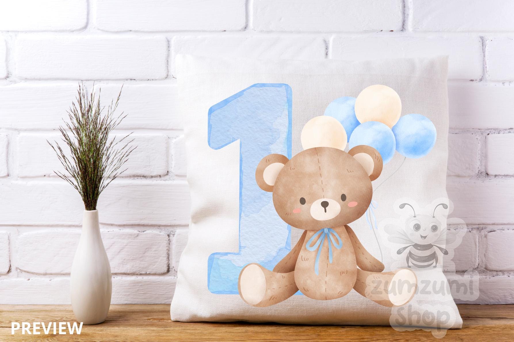 Teddy Bear Blue Balloons 1st Birthday PNG, First Birthday Sublimation ...