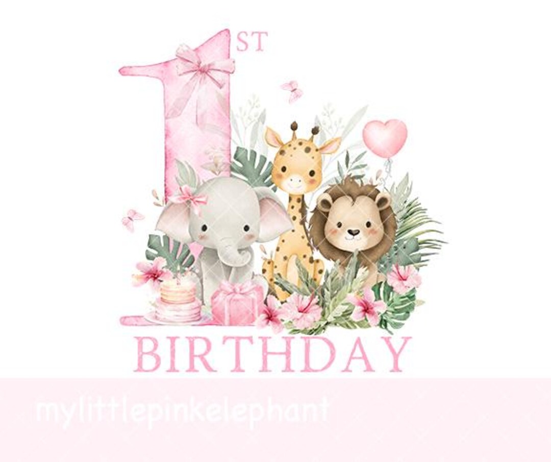 Girls Wild One Baby Safari Animals in Flower Crowns PNG, First Birthday ...