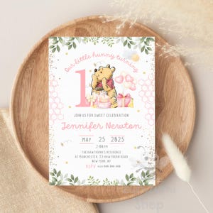 Editable Winnie the Pooh Birthday Invitation, Winnie Pooh Invitation, Girl First Birthday Digital File Template Instant Download Canva I033