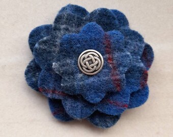 Blue tartan plaid flower corsage pin brooch