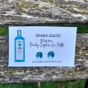 Bombay Sapphire Gin bottle recycled glass earrings on silver.