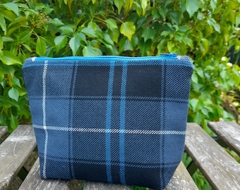 Blue tartan plaid zippy pouch make-up bag.