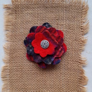 Red tartan plaid flower corsage pin brooch