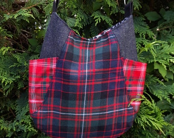 Tweed and tartan shoulder bag. Made from dark blue tweed and red coloured tartan kilt fabrics.
