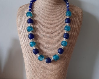 Necklace blue African recycled glass beads