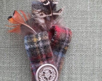 Red tartan plaid corsage pin brooch