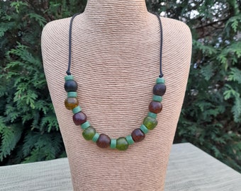Green glass necklace made from African recycled glass beads