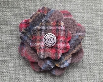 Red tartan plaid flower corsage pin brooch