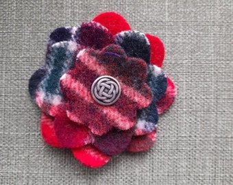 Red tartan plaid flower corsage pin brooch