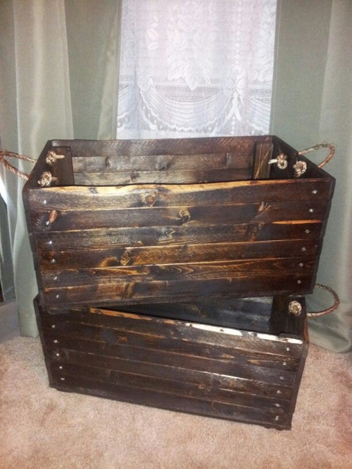 Rustic Handmade Wood Crate Organization Home Decor Storage With Rope