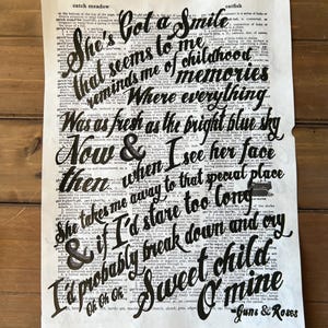 Sweet Child O Mine - Guns and Roses - Testo della canzone - Stampa su carta da dizionario
