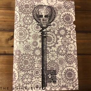 Vintage Steampunk Skull Key Dictionary Print- Black And White Print on Dictionary Paper- Gear Walpaper, Steampunk, Gears, Keys, Skeleton Key