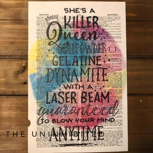 Killer Queen Print – Queen Band Quote – Vintage Dictionary Page – Colorful Song Lyric Wall Art – Gift for Classic Rock Music Fans