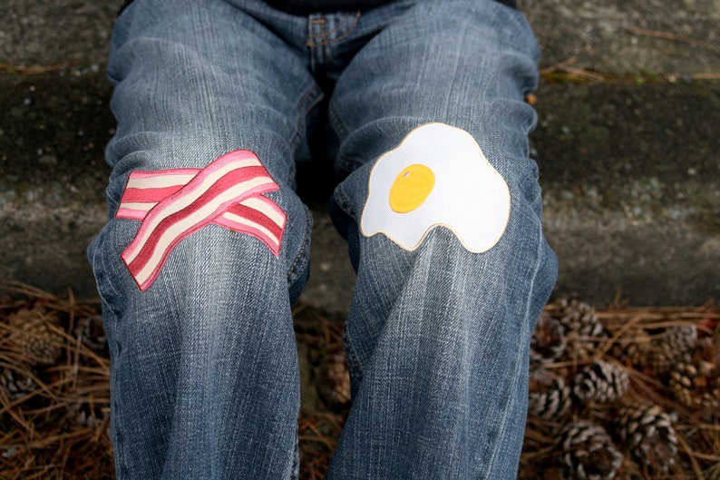 Bacon & Eggs knee patches Iron-on Applique Gift for Chef Breakfast for Champions image 3