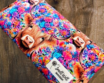 Vibrant Highland Cow Floral, Warm/Cold Therapy Bag, Microwavable, Heating Pad, Aromatherapy, Pain Management, Cold Bag, Flax & Rice Filling