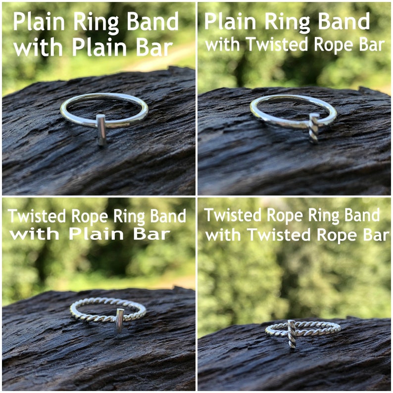 Dainty Minimalist Sterling Silver Rings with Delicate Twisted Rope Pattern Wire Bar