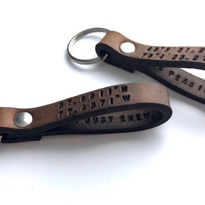 Custom Leather Keychain, Personalized Leather, Coordinates Key Ring, Latitude Longitude GPS Key Fob, Monogram Engraved Keychain, Fathers Day image 3