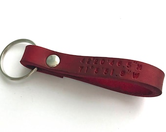 Custom Red Leather Keychain, Personalized Leather Keychain, Coordinates Key Ring, Latitude Longitude GPS Key, Monogram Engraved Keychain