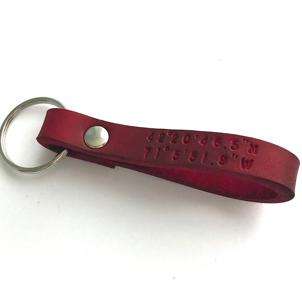 Custom Red Leather Keychain, Personalized Leather Keychain, Coordinates Key Ring, Latitude Longitude GPS Key, Monogram Engraved Keychain