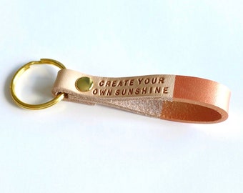 Custom Rose Gold Leather Keychain, Personalized Leather Key Ring, Monogram GPS Coordinates Latitude Longitude, Custom Text, Travel Gift