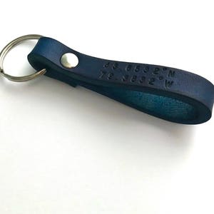 Custom Blue Leather Keychain: Personalized Coordinates Key Ring