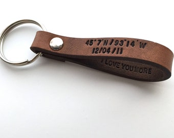 Custom Leather Keychain, Personalized Leather Key Ring,  Engraved Monogram Custom Keychain, GPS Latitude Longitude Coordinate, Father's Day