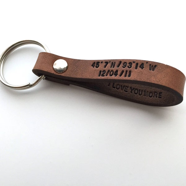 Custom Leather Keychain, Personalized Leather Key Ring,  Engraved Monogram Custom Keychain, GPS Latitude Longitude Coordinate, Father's Day