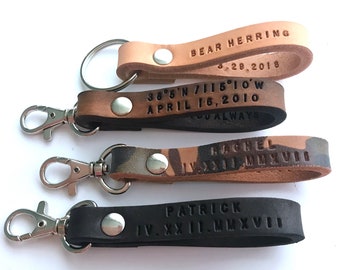 Custom Leather Keychain, Personalized Leather Keychain, GPS Latitude Longitude, Monogrammed, For Men, Anniversary Key Fob, Father's Day, Dad