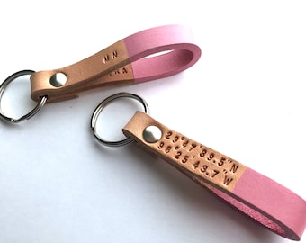 Custom Pink Leather Keychain, Custom Keychain, Personalized Leather Keychain, Leather Key Fob, Monogram Engraved Keychain, Anniversary Gift