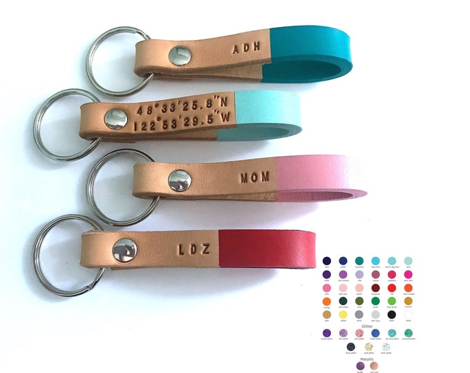 Personalized Leather Keychain Gift, Custom Color Monogram Key fob, Bridesmaids, 3rd Anniversary, Purse Bag Charm, Backpack Tag, Key Ring
