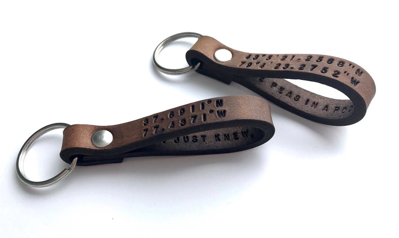 Custom Leather Keychain, Personalized Leather, Coordinates Key Ring, Latitude Longitude GPS Key Fob, Monogram Engraved Keychain, Fathers Day image 3