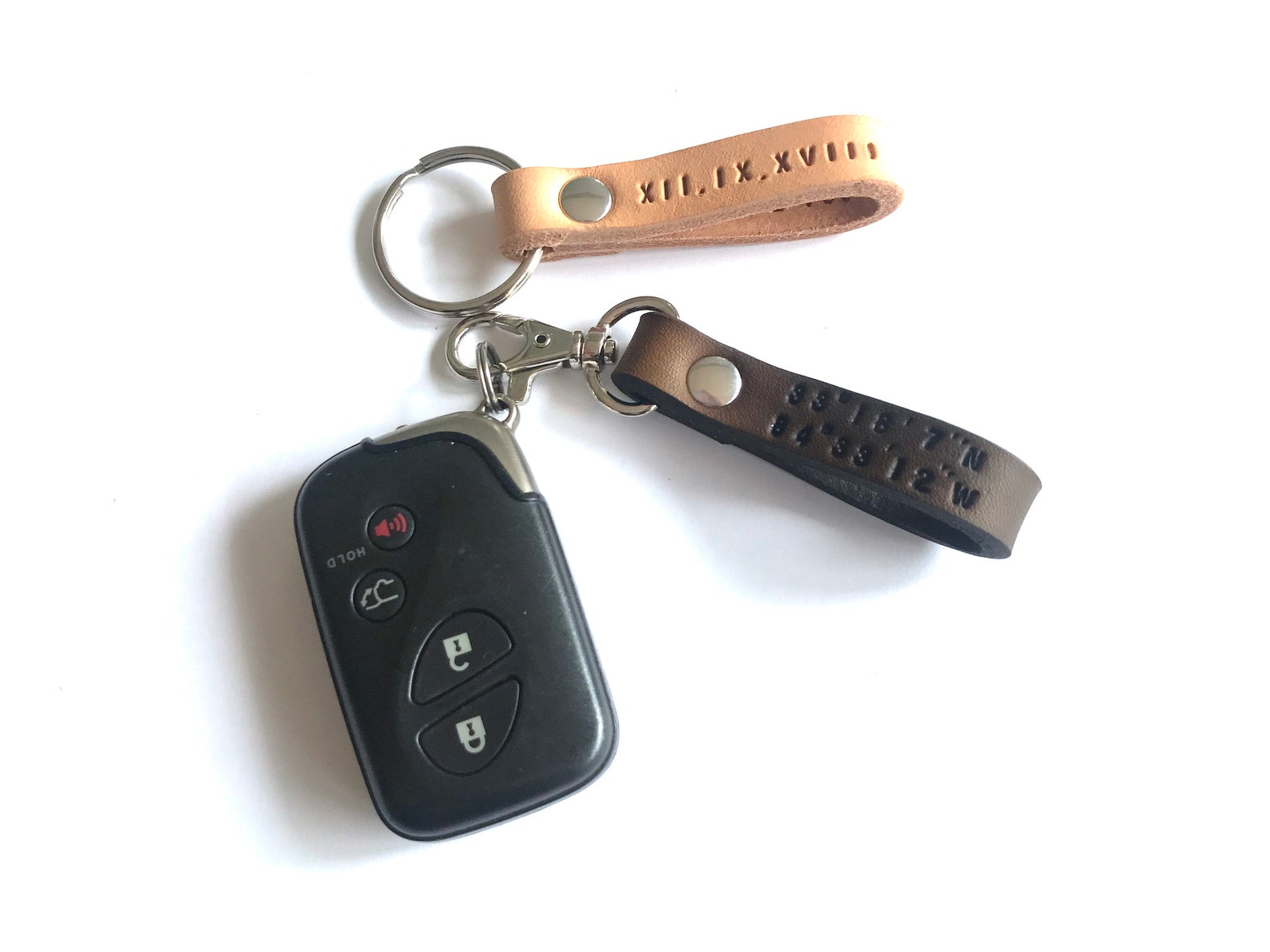 Mini Personalized Leather Keychain: Custom Coordinates, Date, Monogram ...