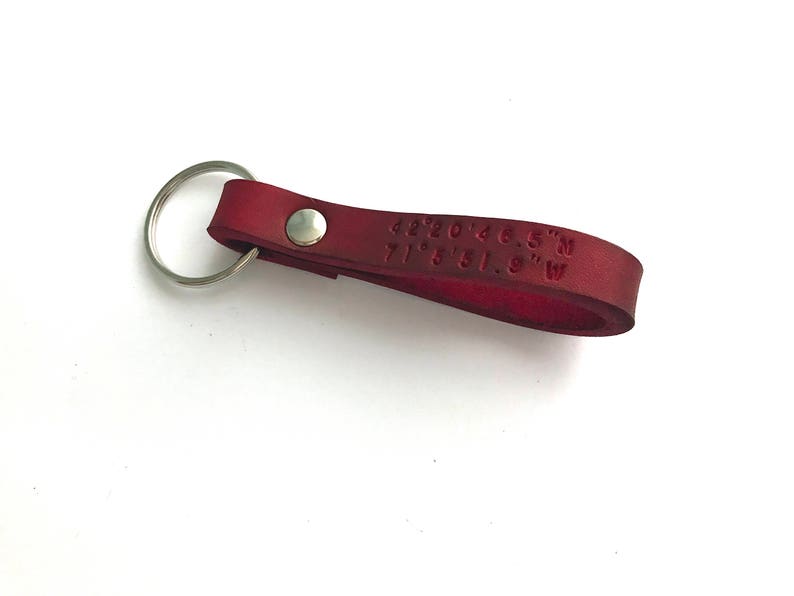 Custom Red Leather Keychain, Personalized Leather Keychain, Coordinates Key Ring, Latitude Longitude GPS Key, Monogram Engraved Keychain image 1