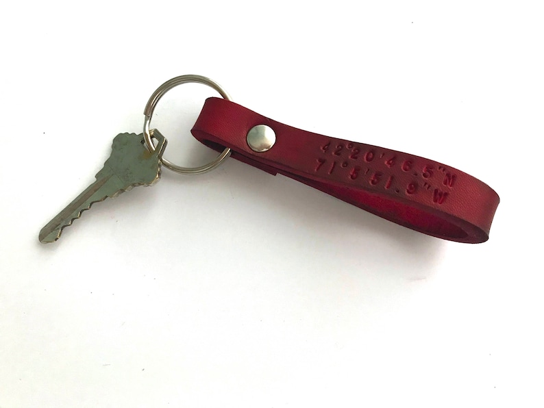 Custom Red Leather Keychain, Personalized Leather Keychain, Coordinates Key Ring, Latitude Longitude GPS Key, Monogram Engraved Keychain image 2