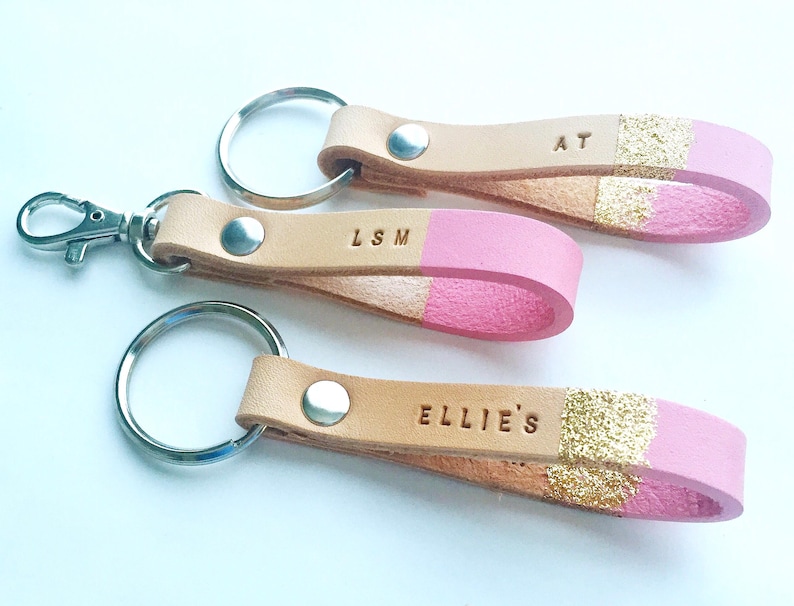 Embossed Keychain Custom Pink Leather Keychain: Personalized, Monogram Engraved Key Fob ...