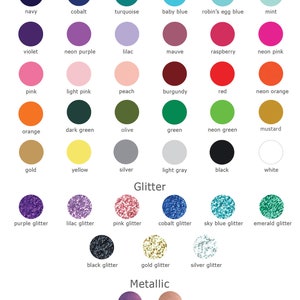May include: A color chart with various shades of blue, green, pink, purple, orange, yellow, red, and brown. The chart also includes glitter and metallic colors.