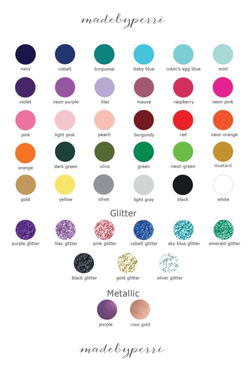 May include: A color chart with various shades of blue, green, pink, purple, orange, yellow, red, and brown. The chart also includes glitter and metallic colors.