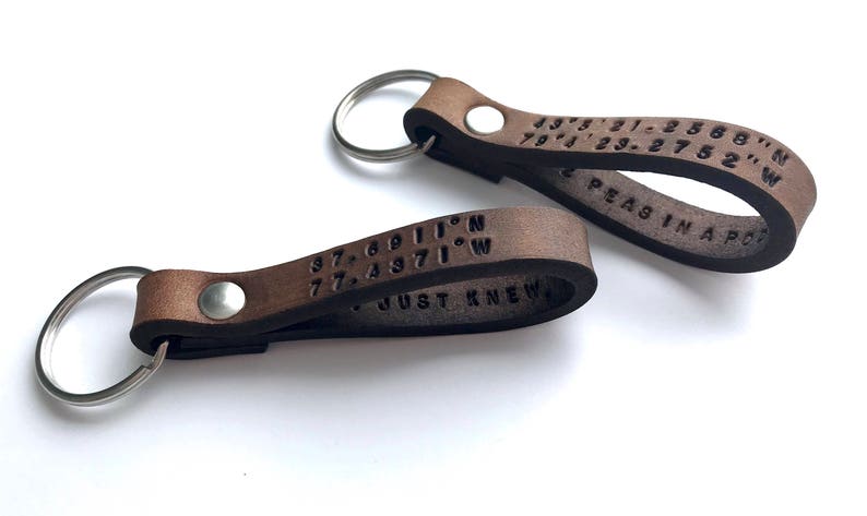 Custom Leather Keychain, Personalized Leather Key Ring, Engraved Monogram Custom Keychain, GPS Latitude Longitude Coordinate, Father's Day image 3