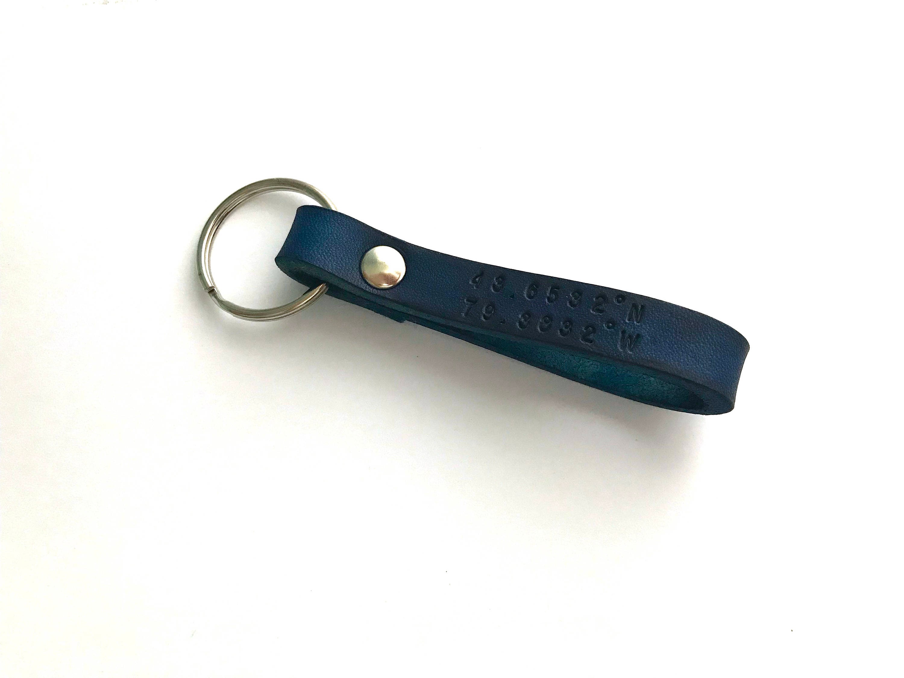 Custom Blue Leather Keychain: Personalized Coordinates Key Ring - Etsy
