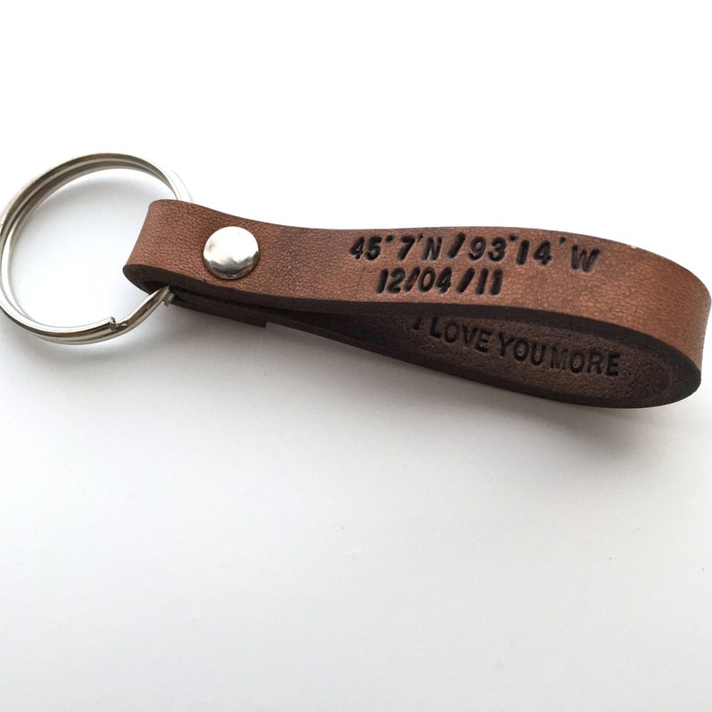 Custom Leather Keychain, Personalized Leather Key Ring, Engraved Monogram Custom Keychain, GPS Latitude Longitude Coordinate, Father's Day image 1