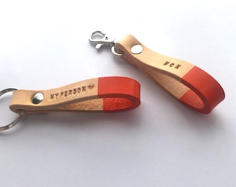 Custom Orange Handmade Leather Keychain, Custom Keychain, Personalized Leather Key Fob, Monogram, GPS Coordinates, Anniversary Wedding Gift