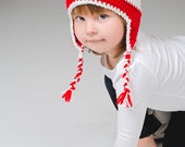 Red hat with white stripes - Crochet hat - Hat with earflaps- toddlers hat- for boys and girls