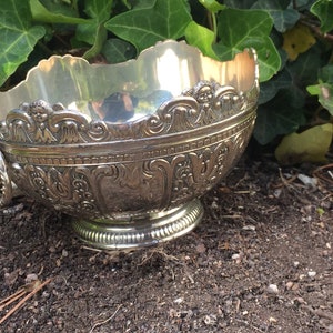 May include: A silver bowl with an ornate design and a handle. The bowl is sitting on a bed of brown soil.