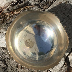 May include: A silver bowl with a scalloped edge and a reflective surface. The bowl is sitting on a piece of wood.