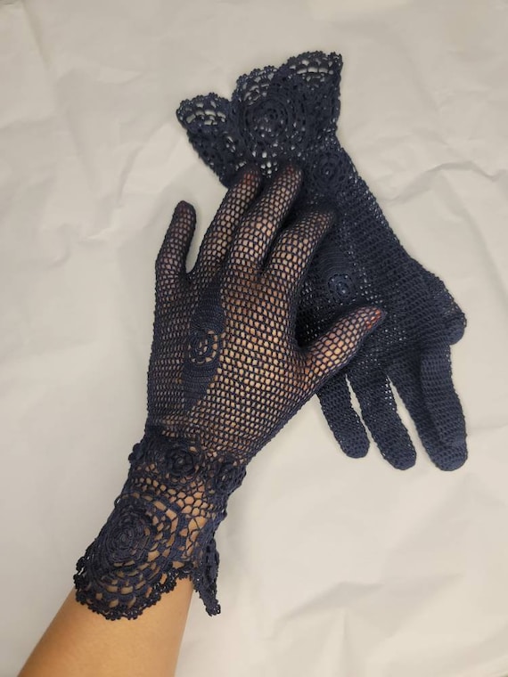 Navy Blue Crochet Vintage Gloves